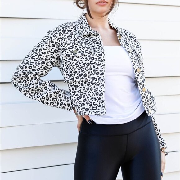 Cotton Leopard Print Cropped Denim Jacket White & Black - Picture 3 of 6